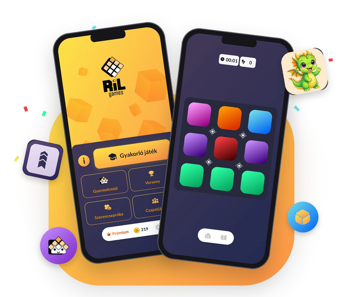 A RIL-Games alkalmazás két telefonon: a főmenü és egy színes csempés RIL-Group pálya; körülöttük lebegő sárkányos és nyilas csempe, Kids-logó és kocka-jelvény